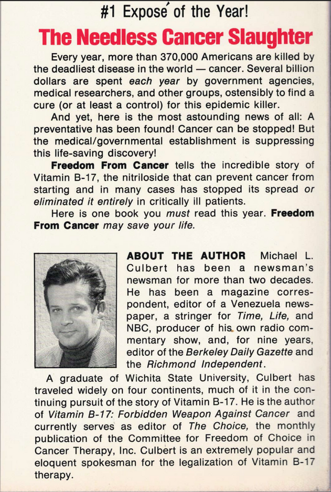 (Book) Freedom From Cancer: The Amazing Story of Vitamin B-17, or Laetrile by Michael L. Culbert (1974)